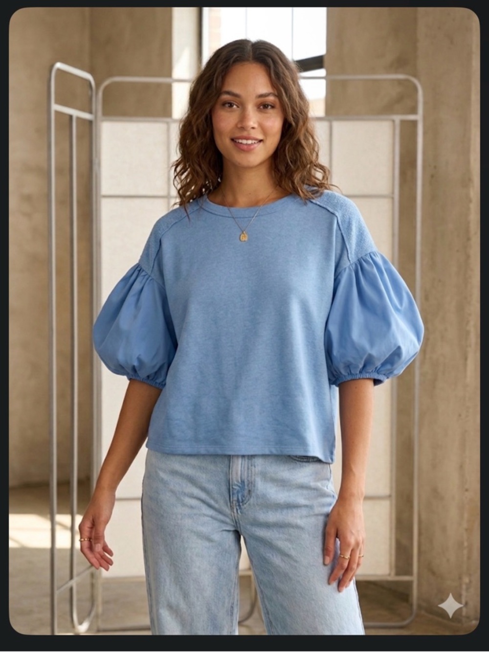 Ces Femme Puff-Sleeve Shirt in Light Blue. NWOT